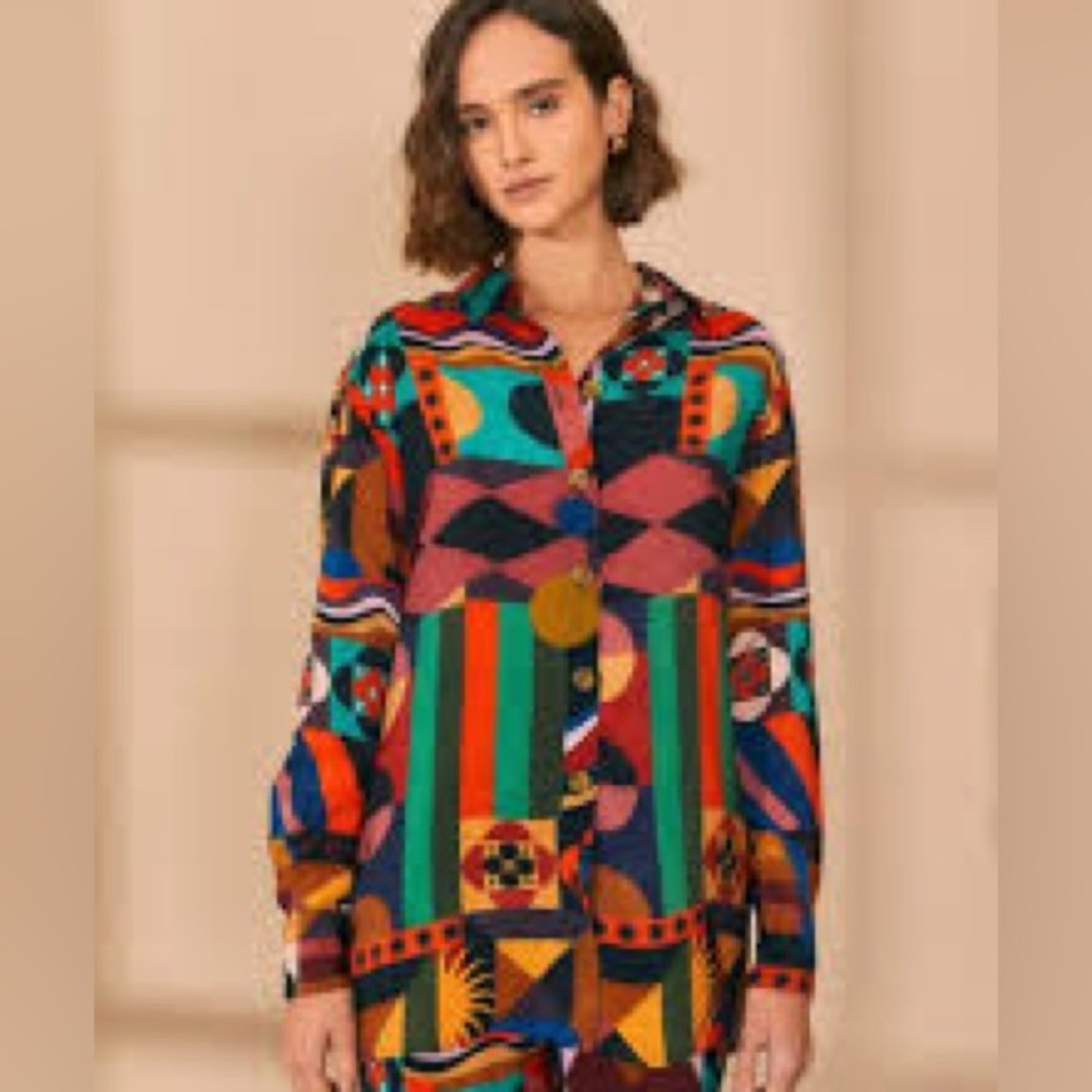 🌈 Farm Rio Multicolor Abstract Print Button-Down Blouse – Size L - Picture 2 of 16